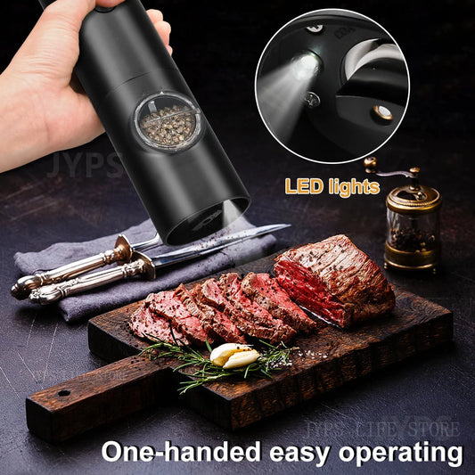 Automatic Pepper Grinder Salt and Pepper Grinder USB Rechargeable Adjustable Coarseness Spice Mill with LED Light Kitchen Tool